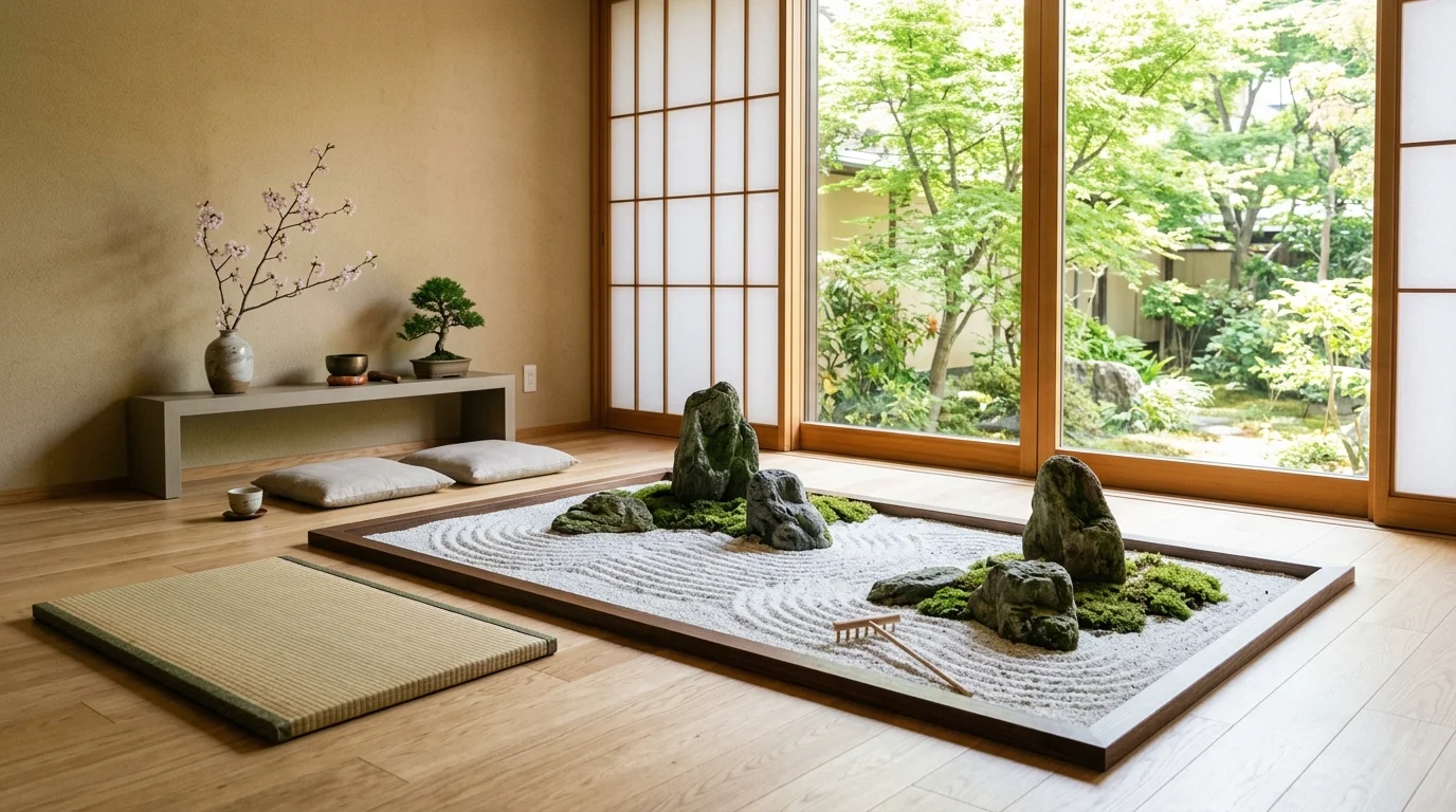 A space with a small indoor rock garden arranged with sand and stones bright natural daylight calming zen decor no people