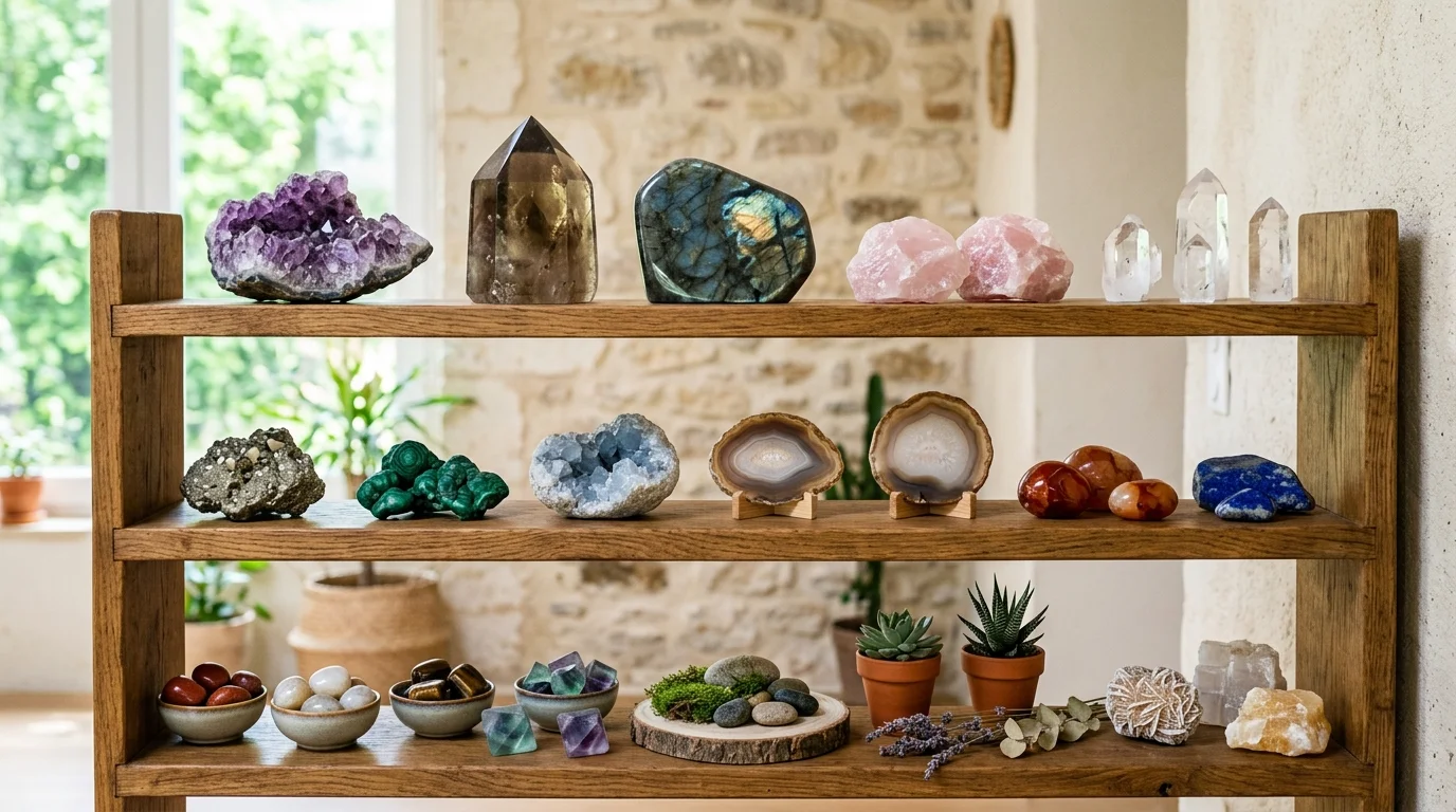 A shelf displaying decorative rocks and crystals arranged neatly bright lighting natural earthy accents no people