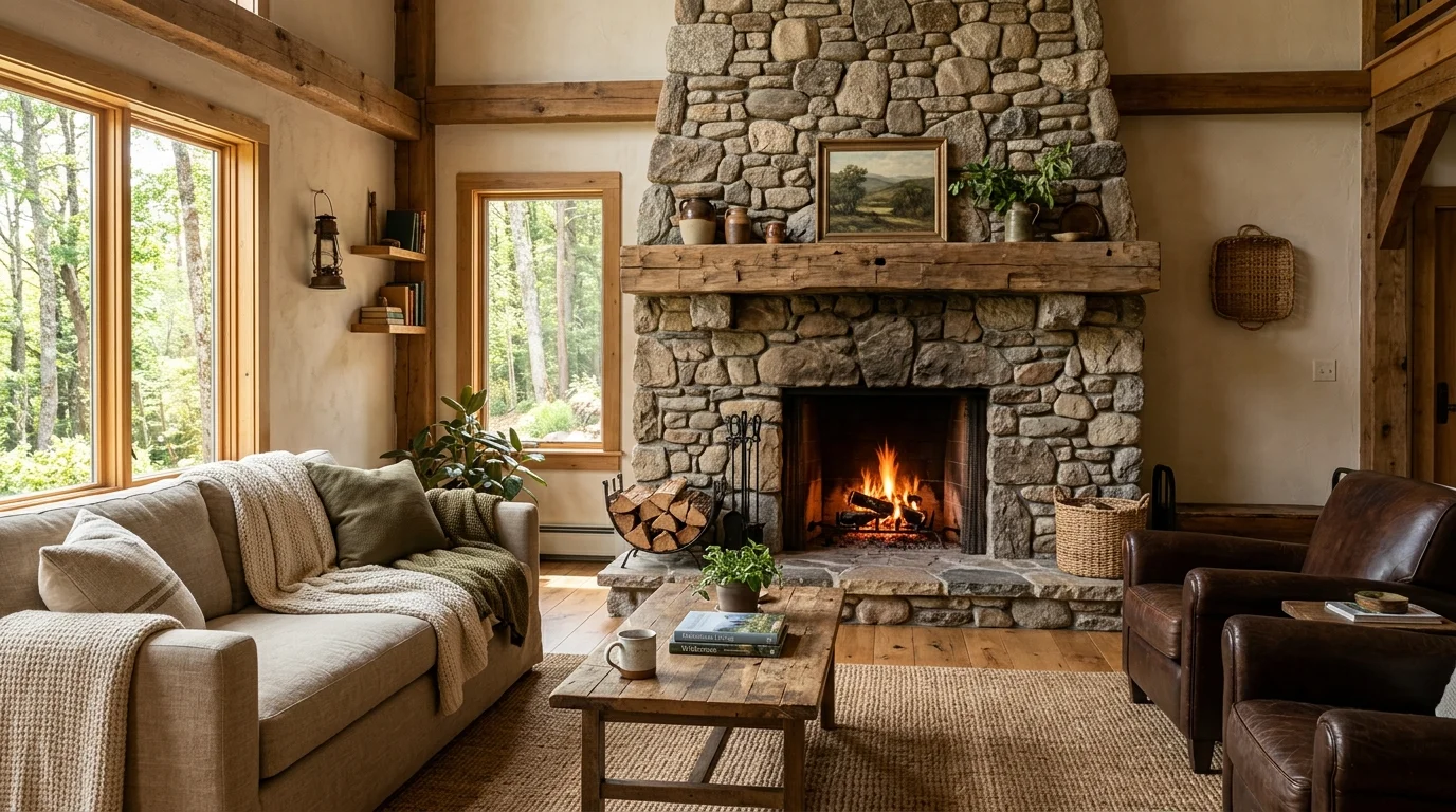A living room with a fireplace surrounded by natural stone bright natural light rustic organic focal point no people