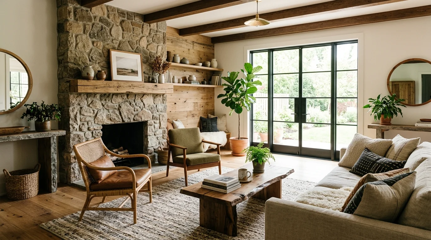 A room with a mix of textures including wood and stone decor bright natural daylight balanced earthy design no people