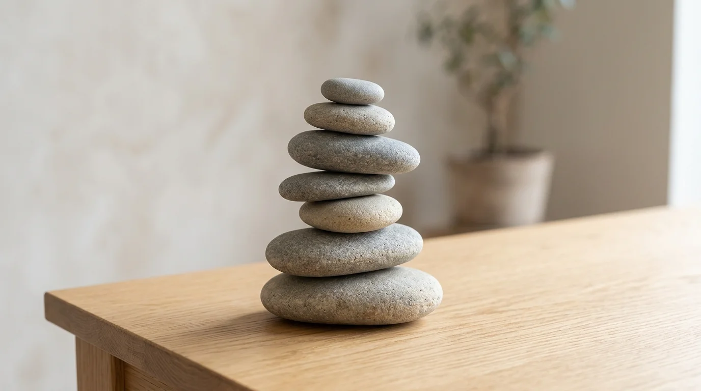A tabletop display with stacked stones creating a minimalist sculpture bright lighting simple organic art piece no people