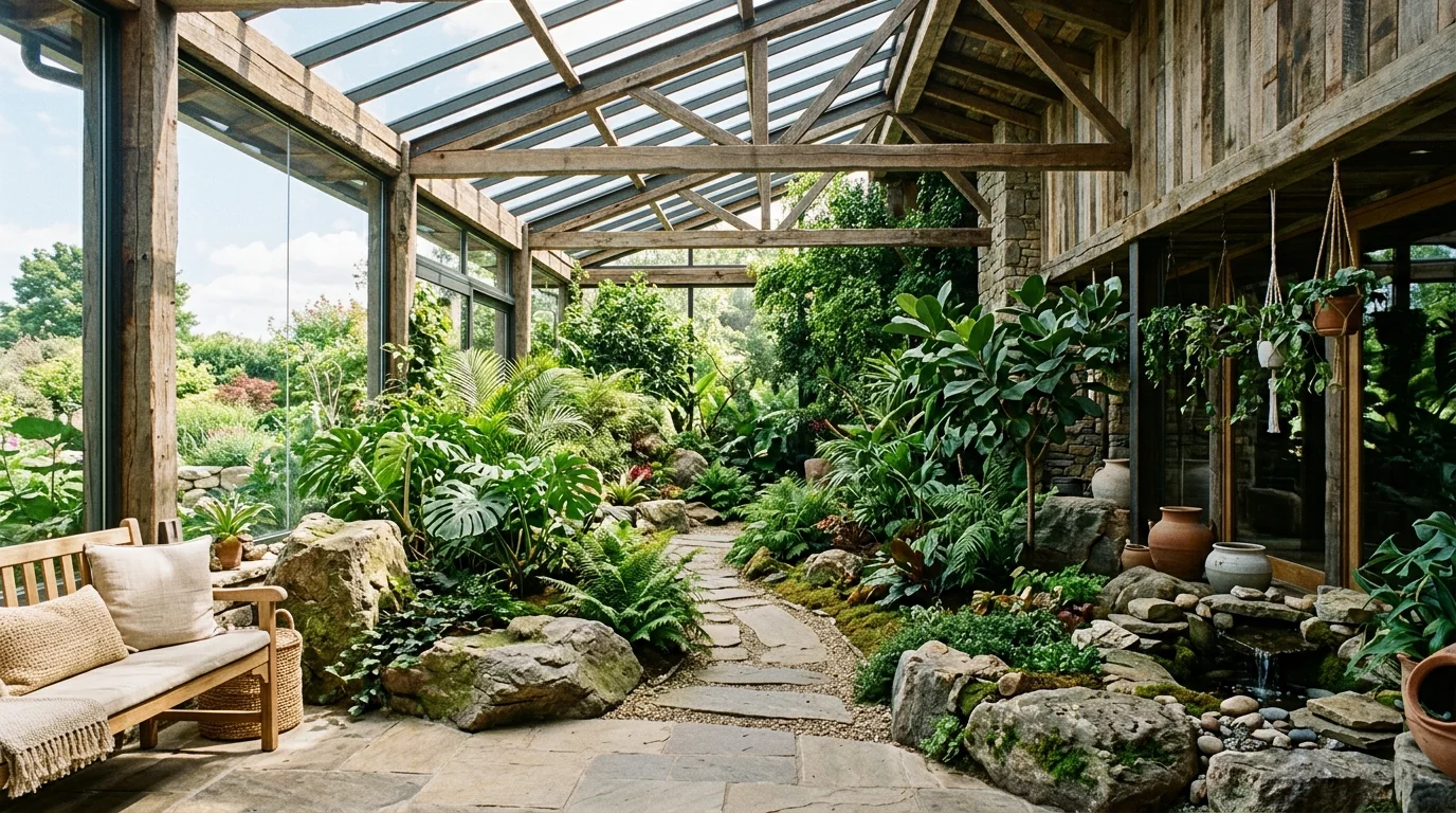 A garden style indoor space with large rocks and greenery bright natural light nature inspired interior no people