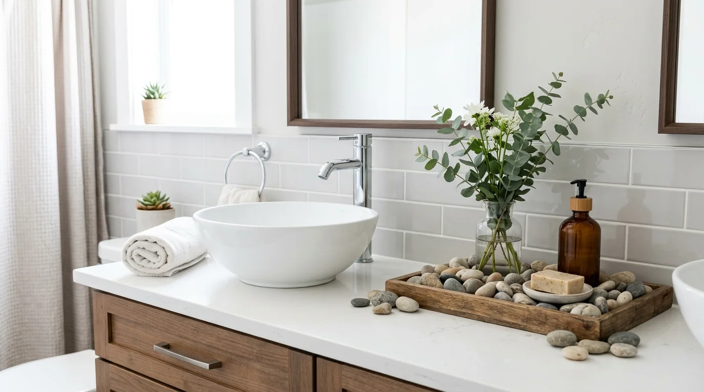 A bathroom sink area with small stones arranged around decor bright lighting subtle natural touch no people