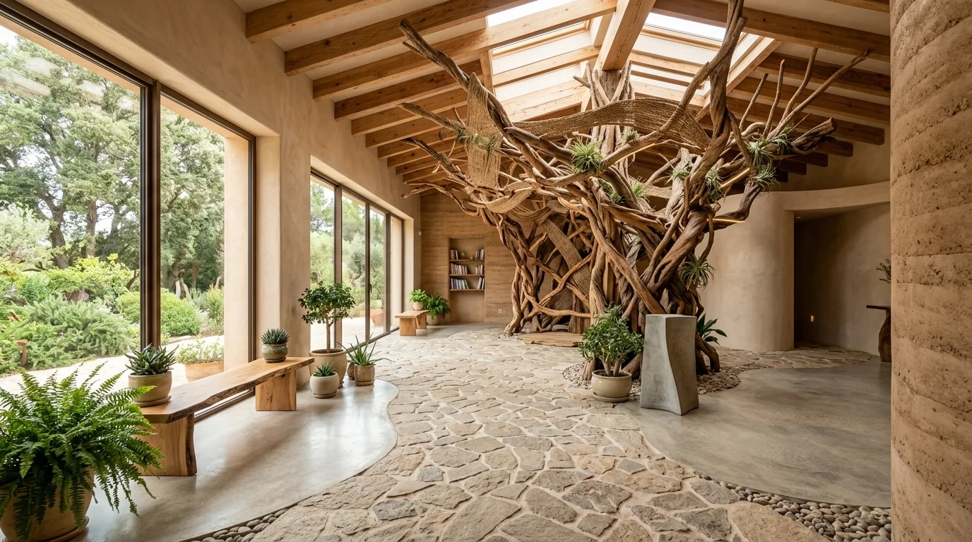 A space with a stone pathway style floor design bright natural daylight unique organic interior feature no people