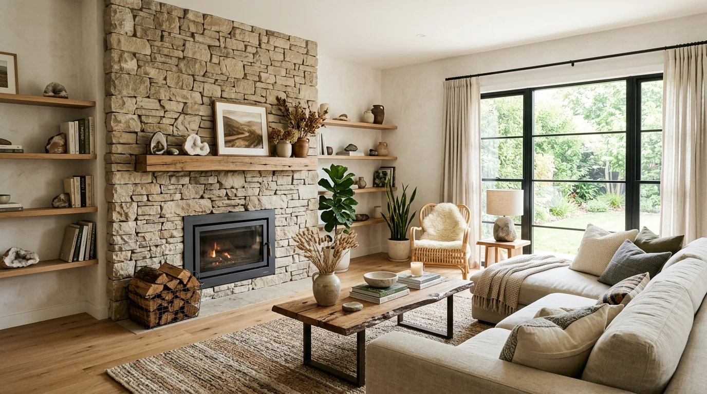 A living room with a mix of neutral tones and rock decor bright lighting harmonious earthy aesthetic no people