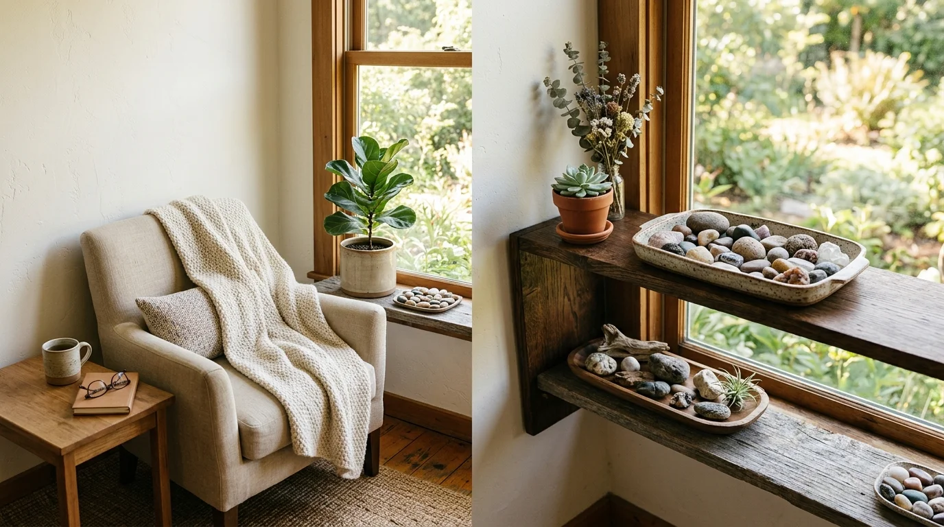 A cozy corner with stones placed in decorative trays and natural elements bright natural light relaxing organic vibe no people