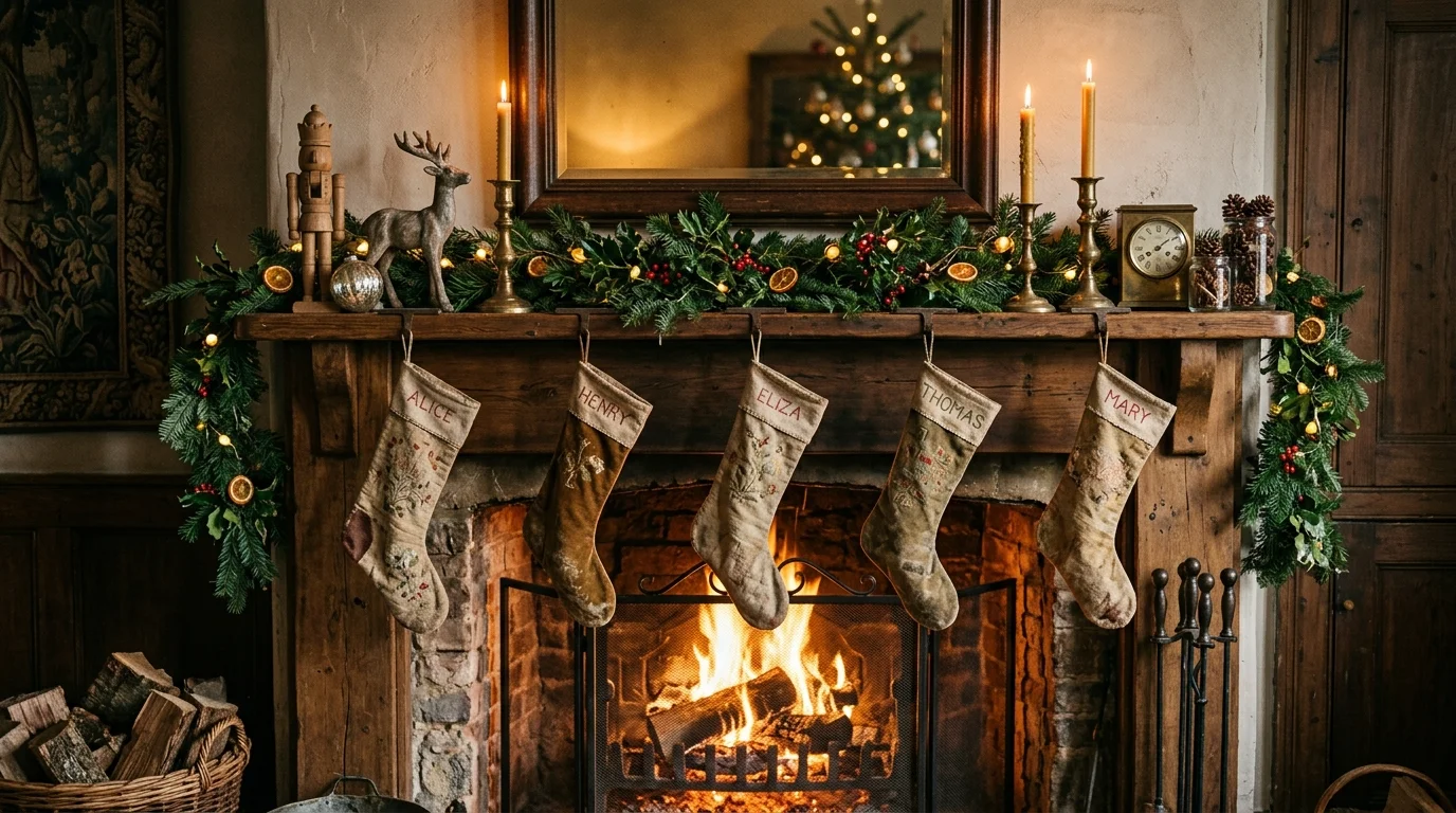 A retro holiday mantel with antique stockings, brass candle holders, evergreen garland, and aged wooden decor pieces, warm fireplace glow, traditional old-world charm, eye-level shot, no people