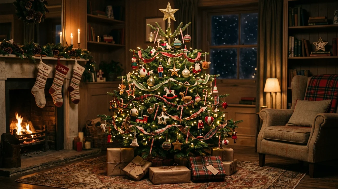 A nostalgic Christmas tree decorated with handcrafted ornaments, wooden toys, candy canes, and faded ribbon garlands, soft twinkling lights, cozy living room setting, straight-on shot, no people