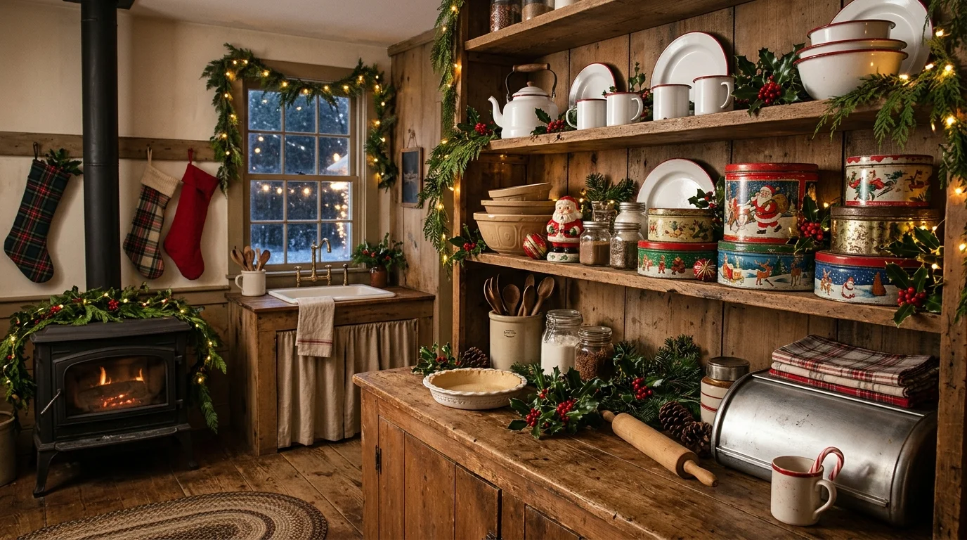 A farmhouse-style vintage holiday kitchen with enamelware, old cookie tins, holly sprigs, and rustic wooden shelves decorated for Christmas, warm ambient lighting, no people