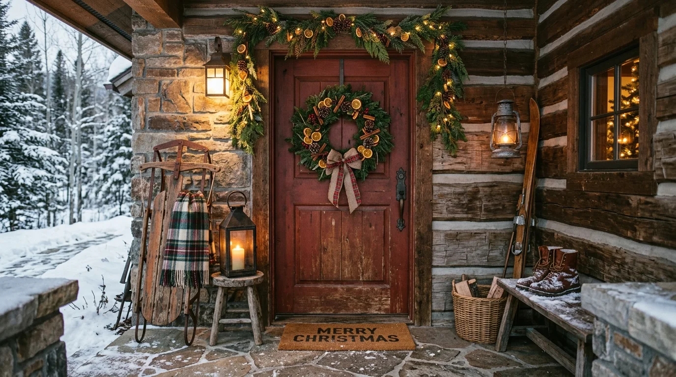A retro Christmas entryway with antique sled, old-fashioned lanterns, wreath made of dried fruit and pine, muted festive tones, cozy welcoming feel, angled shot, no people