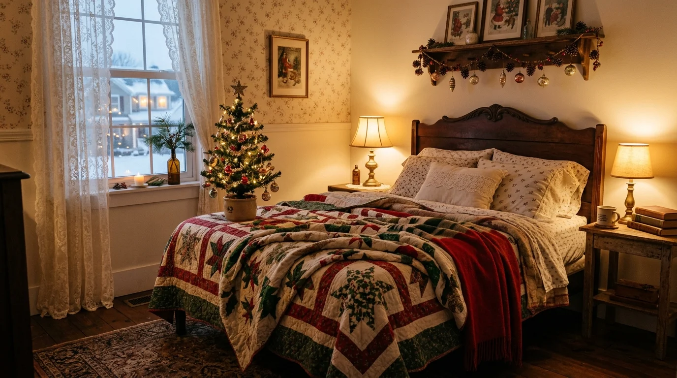 A nostalgic bedroom decorated with vintage Christmas quilts, lace curtains, small tabletop tree, and soft glowing bedside lamps, warm and peaceful atmosphere, no people