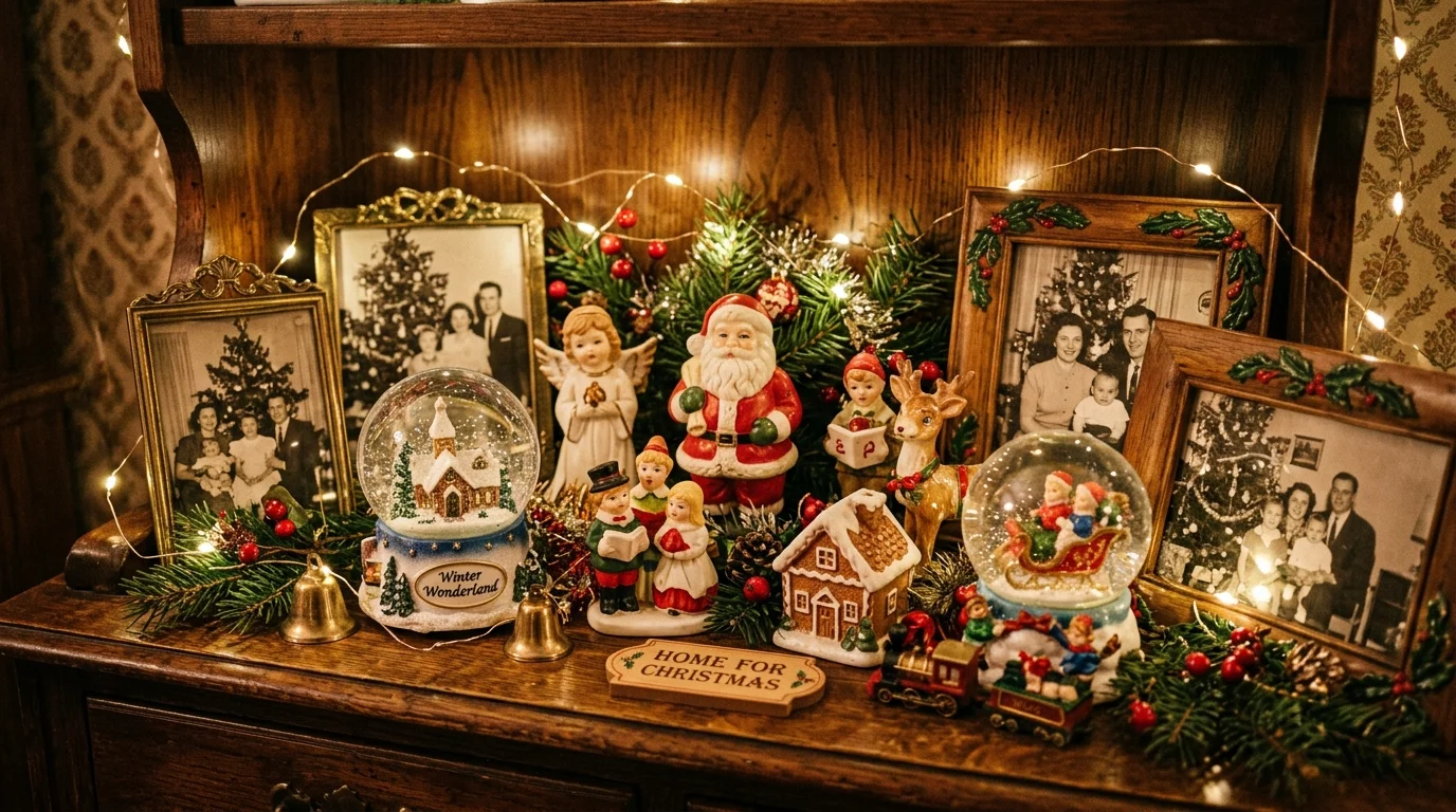 A classic holiday shelf display with porcelain figurines, snow globes, old family photos in festive frames, and warm string lights, soft nostalgic glow, close-up composition, no people