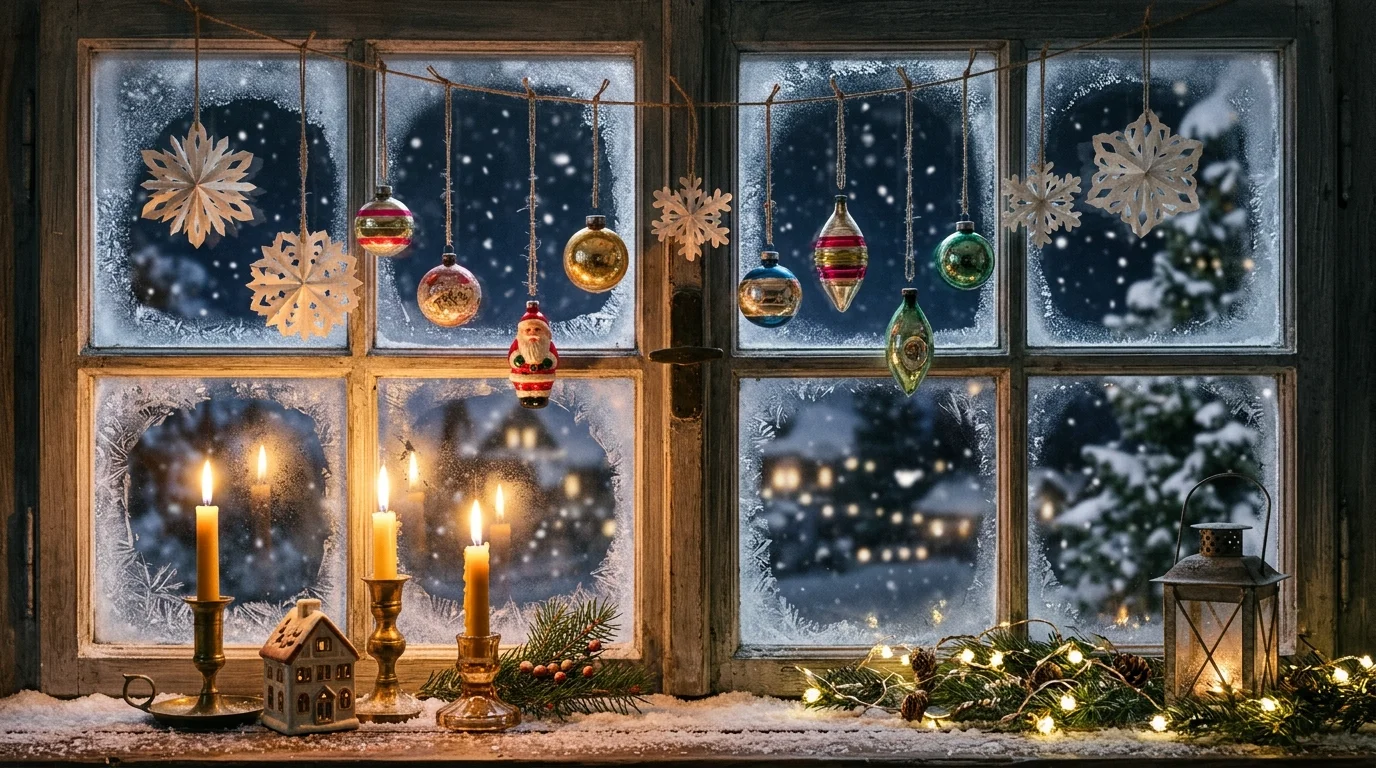A vintage-inspired Christmas window scene with frosted glass, hanging paper snowflakes, retro ornaments, and soft candlelight reflections, dreamy winter mood, no people