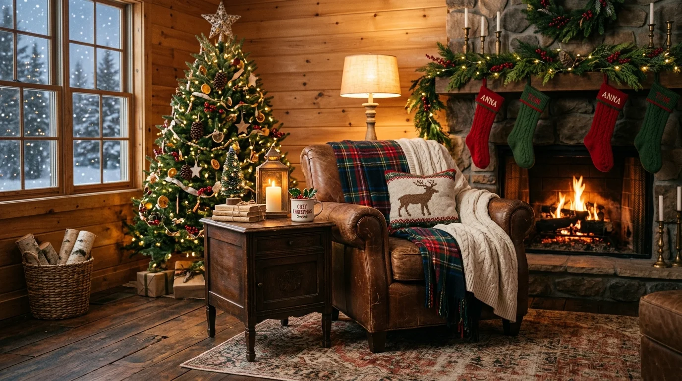 A rustic holiday sitting corner with worn leather armchair, plaid blankets, antique wooden side table, and traditional Christmas decor accents, warm cozy lighting, no people