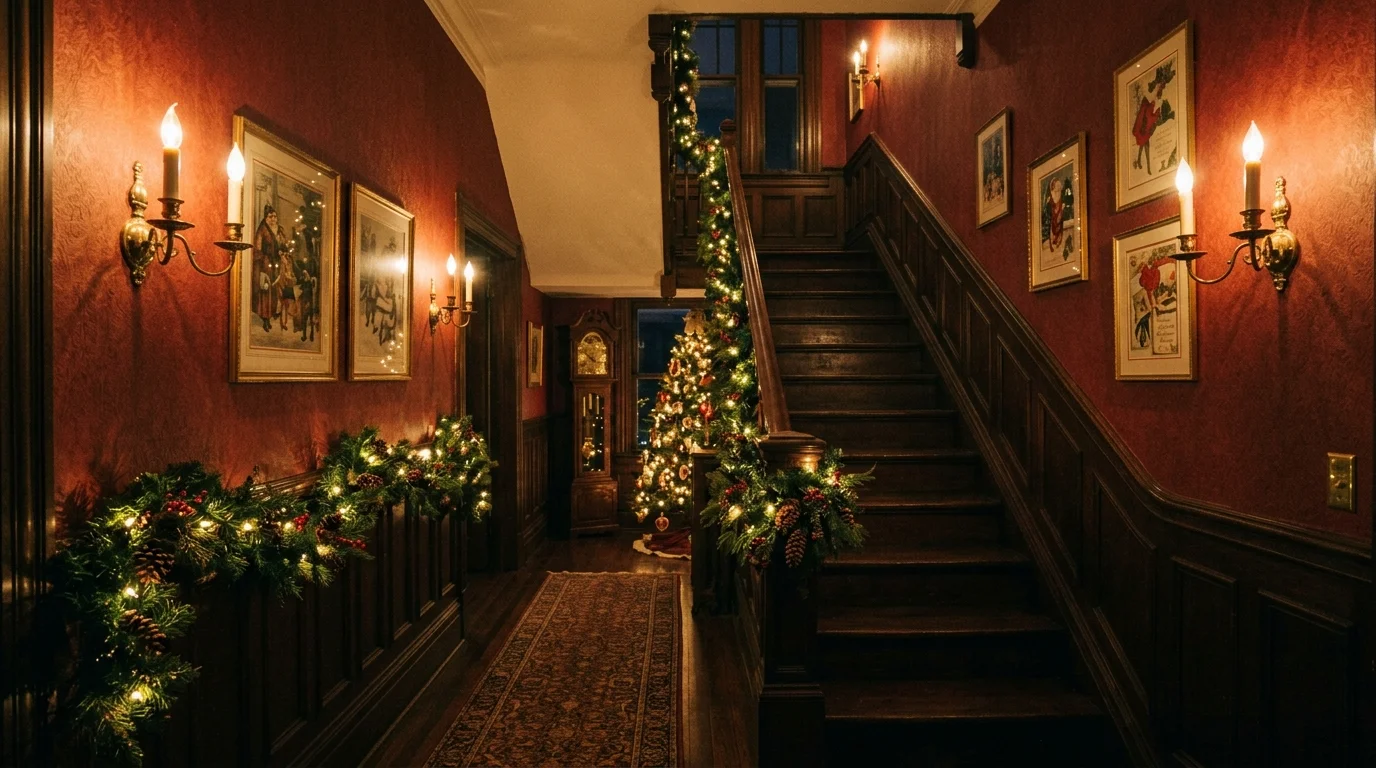 A nostalgic Christmas hallway with garland draped along banister, brass candle sconces, framed vintage holiday art, warm golden glow, elegant old-fashioned charm, no people