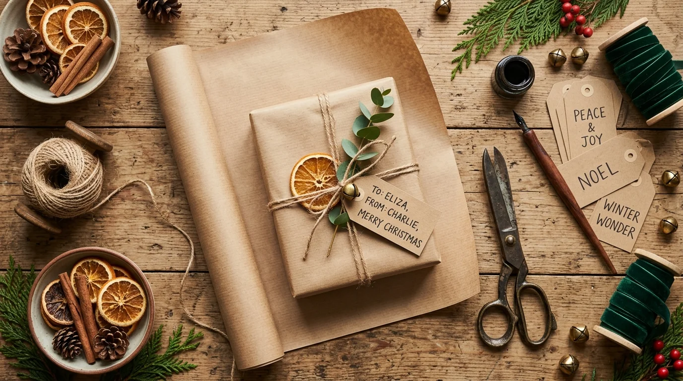 A retro holiday gift-wrapping station with kraft paper, twine, dried orange slices, vintage scissors, and handwritten tags, warm rustic aesthetic, top-down flat lay composition, no people