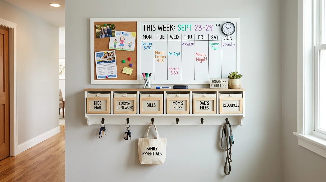 A compact command center with labeled bins and a whiteboard mounted on the wall bright lighting efficient family organization system no people