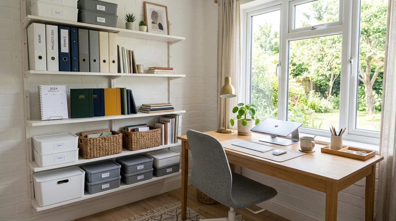 A space with a desk and shelving unit holding folders planners and supplies bright natural light functional tidy setup no people