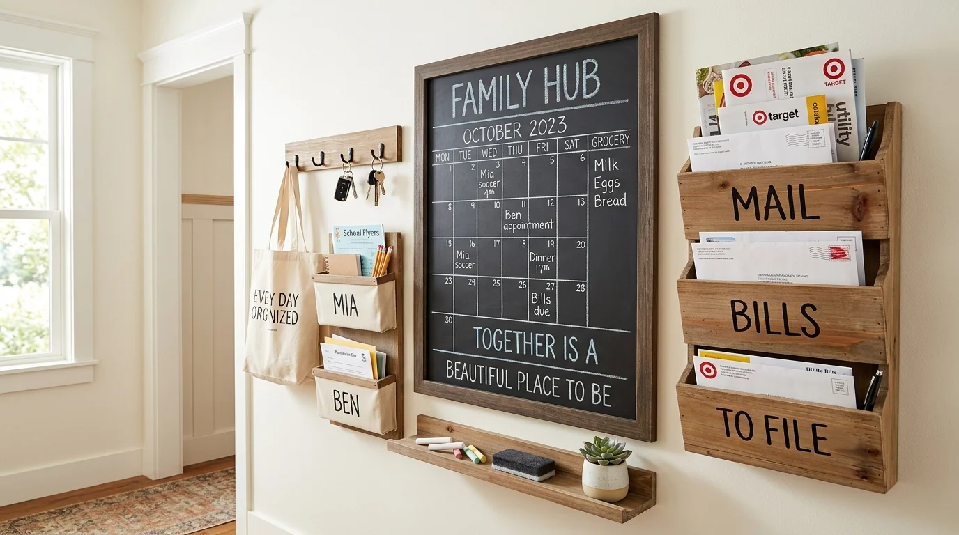 A wall with a chalkboard calendar and hanging organizers for mail bright lighting practical family hub design no people