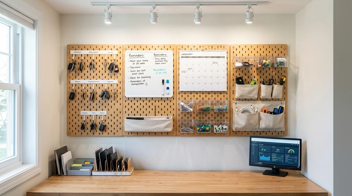 A command center with a pegboard holding keys notes and accessories bright lighting space saving organized solution no people