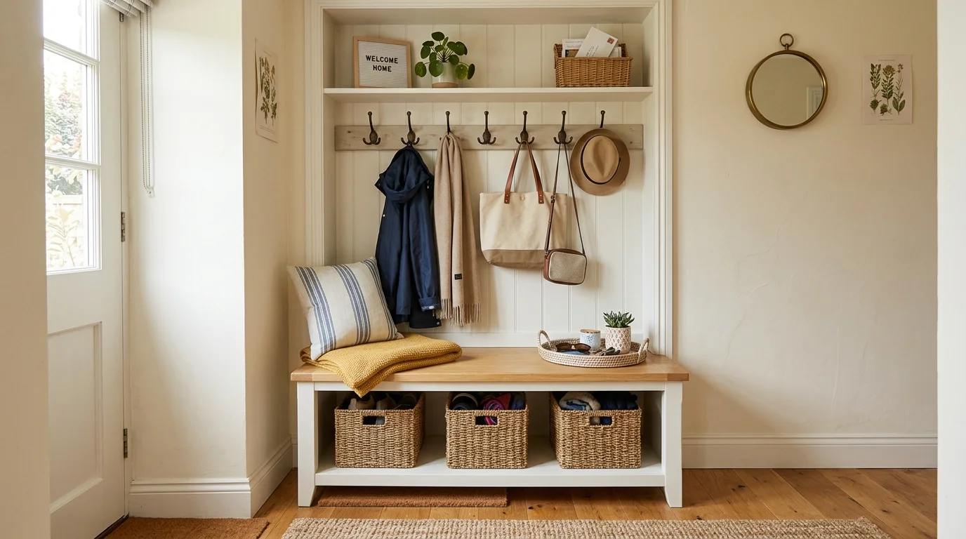 A small nook with a bench storage baskets and hooks for coats bright natural daylight welcoming organized entry hub no people