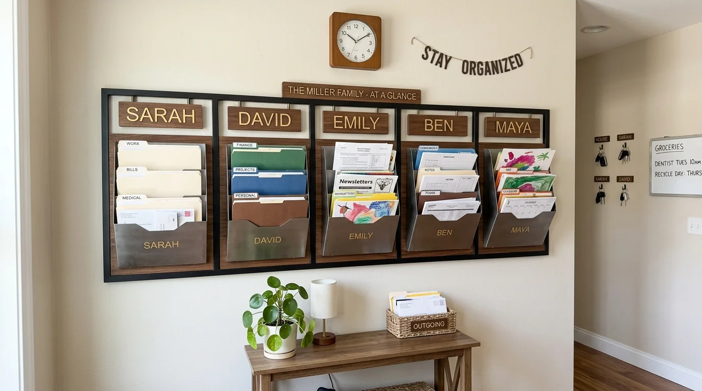A wall mounted system with file holders and labeled sections for each family member bright lighting structured organized layout no people