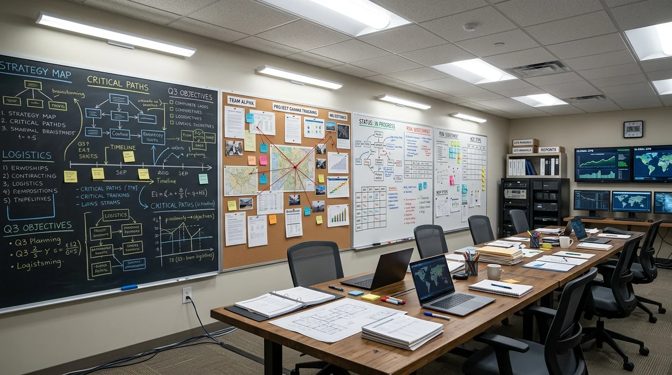 A command center with a mix of boards including cork whiteboard and chalkboard bright lighting versatile planning area no people