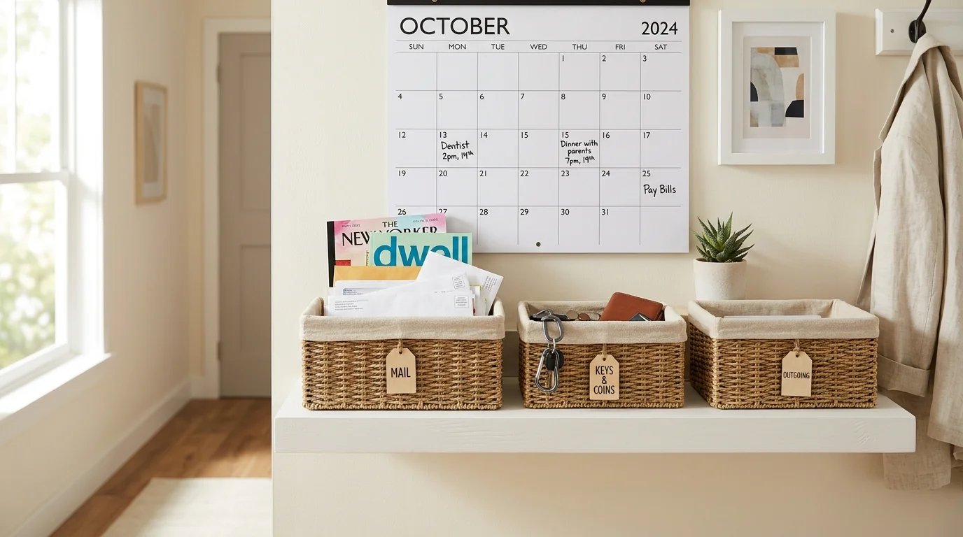 A shelf with baskets storing mail and essentials paired with a calendar bright natural light clean organized design no people