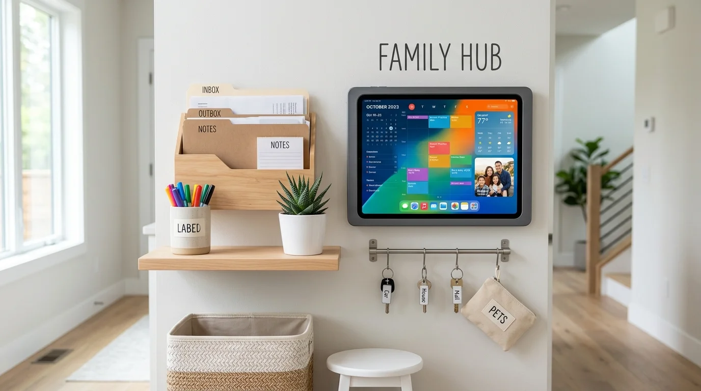A family hub with a digital tablet mounted on the wall for scheduling bright lighting modern efficient organization no people