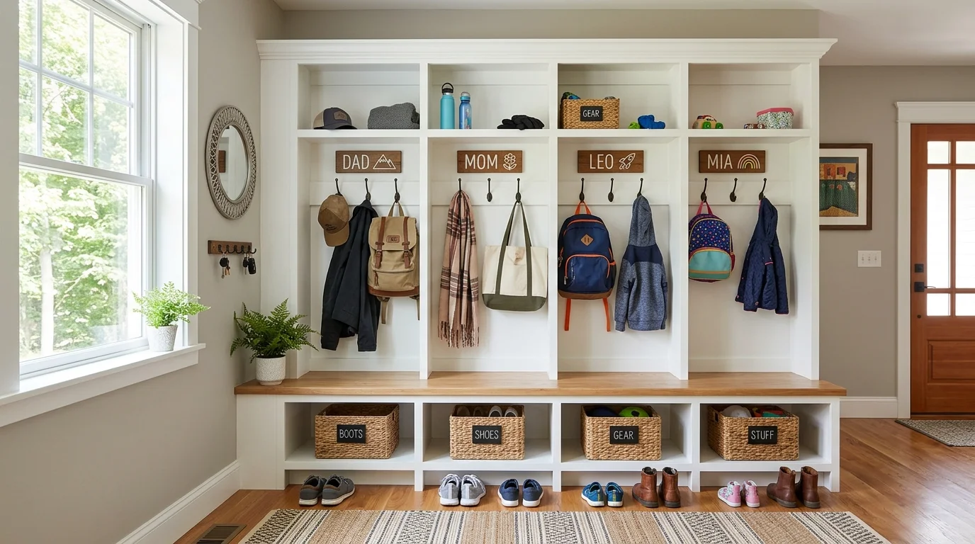 A space with hooks and cubbies for each family member bright natural daylight personalized tidy setup no people