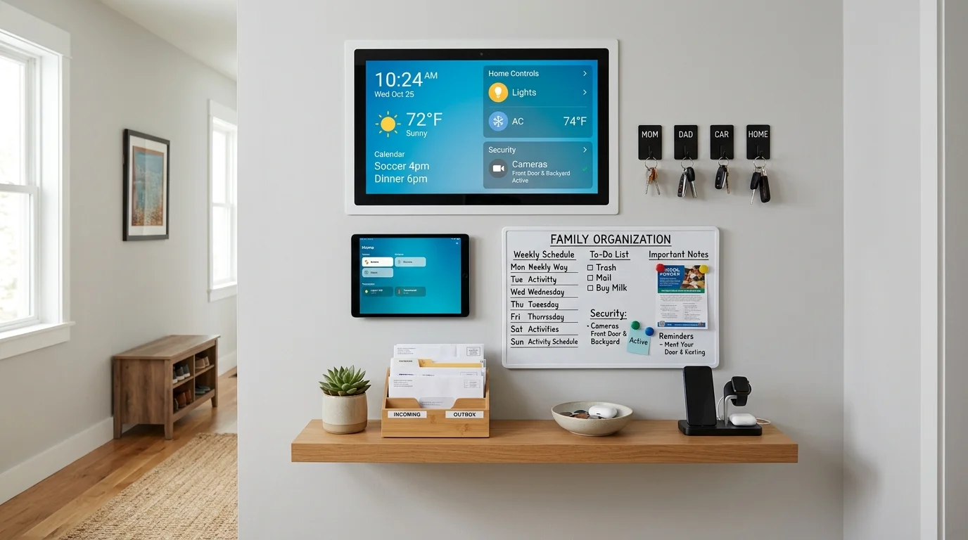 A well organized command center overview with all elements neatly arranged bright lighting clutter free household system no people