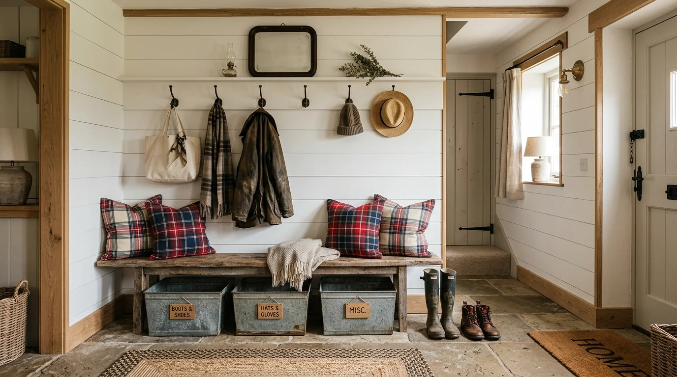A farmhouse-style mudroom with shiplap walls, rustic wood bench, metal coat hooks, plaid cushions, and vintage-style storage bins, warm cozy lighting, eye-level shot, no people