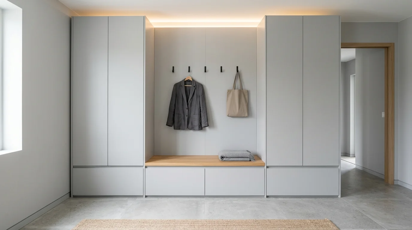 A minimalist mudroom design with sleek handleless cabinets, hidden shoe storage, light gray tones, uncluttered surfaces, soft diffused lighting, ultra-clean aesthetic, straight-on composition, no people