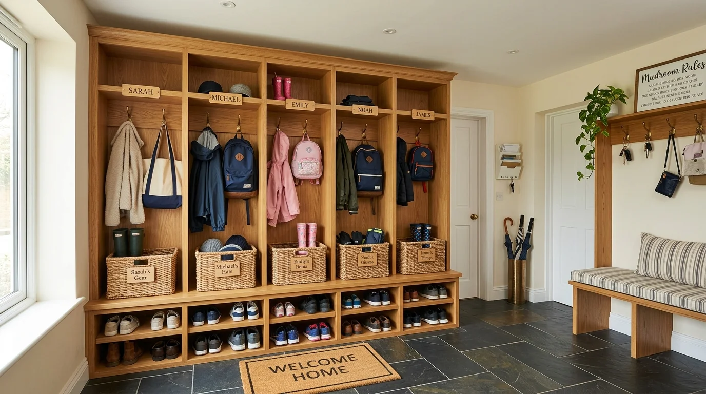 A functional entryway mudroom with cubbies for each family member, labeled baskets, hanging hooks, and organized footwear storage, bright practical lighting, structured layout, no people
