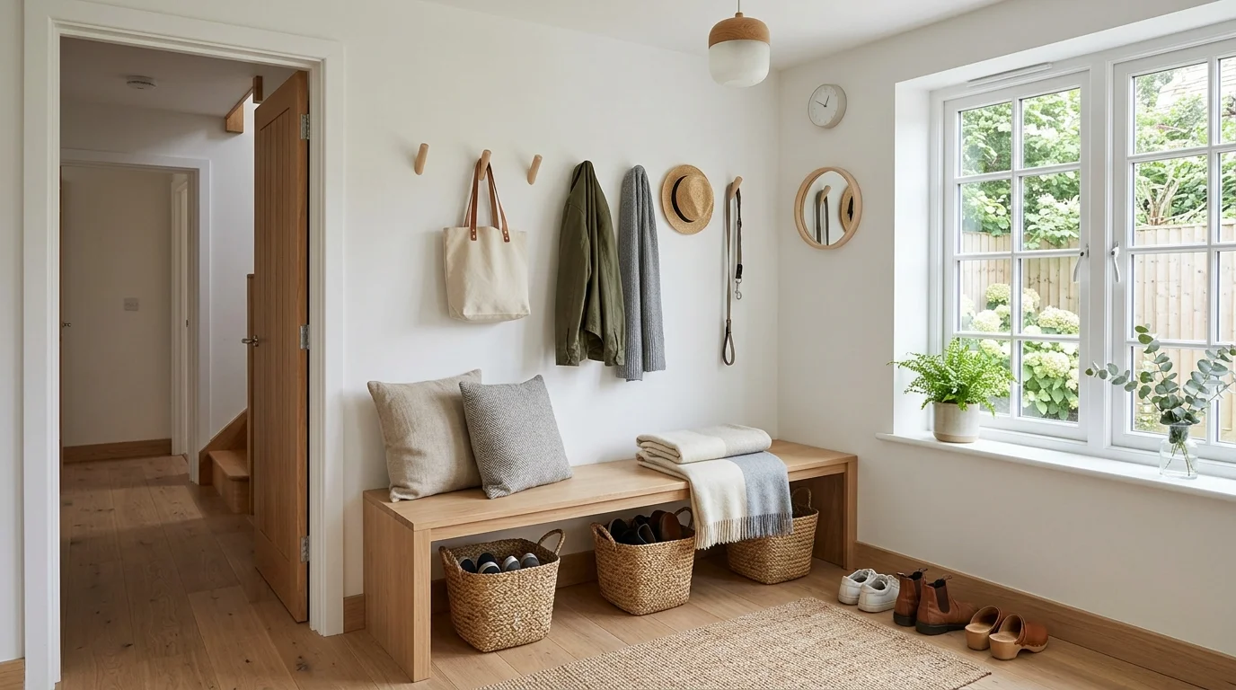 A Scandinavian-inspired mudroom with light wood bench, white walls, simple hooks, and soft textile accents, airy natural light, calm minimal aesthetic, no people
