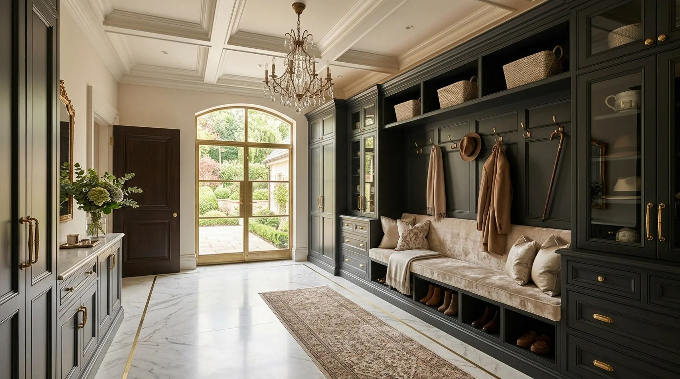 A luxury mudroom with marble flooring, custom cabinetry, brass hardware, upholstered bench, and elegant lighting fixture, refined and polished design, wide-angle shot, no people