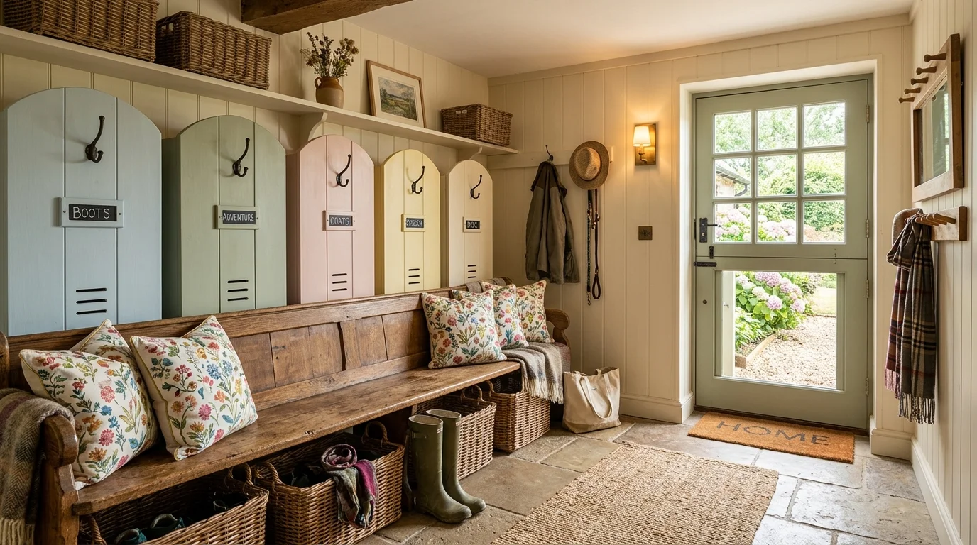 A cozy cottage-style mudroom with pastel-painted storage lockers, floral cushions, wicker baskets, and warm wood textures, inviting soft lighting, no people