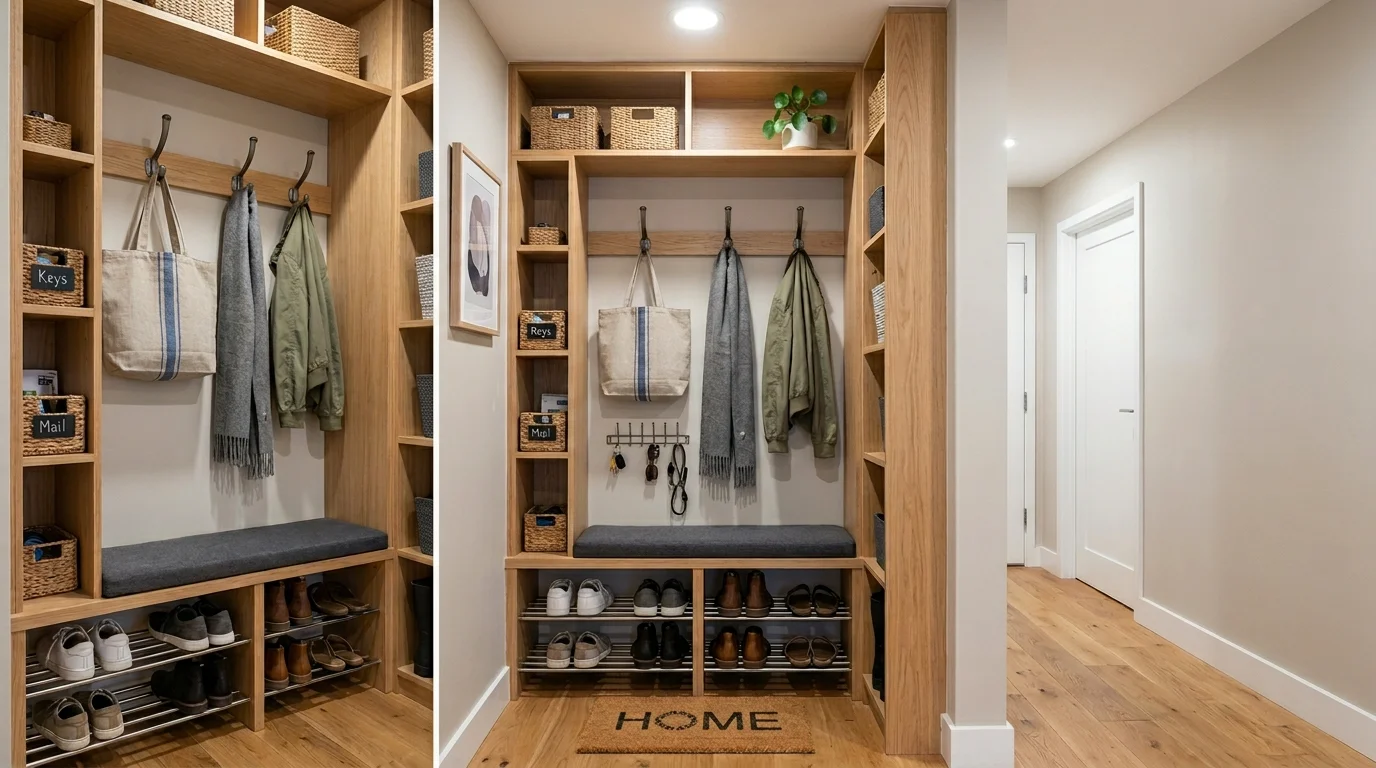 A compact apartment mudroom nook with vertical storage, wall-mounted hooks, shoe racks, and space-saving design, neutral tones, bright efficient lighting, no people