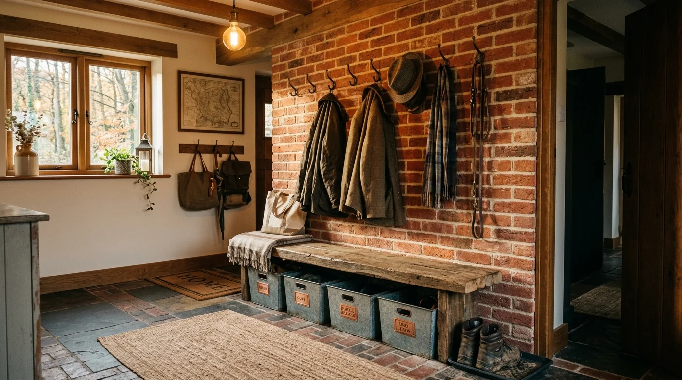 A rustic mudroom with reclaimed wood bench, galvanized metal bins, brick accent wall, and durable flooring, warm earthy lighting, slightly angled shot, no people