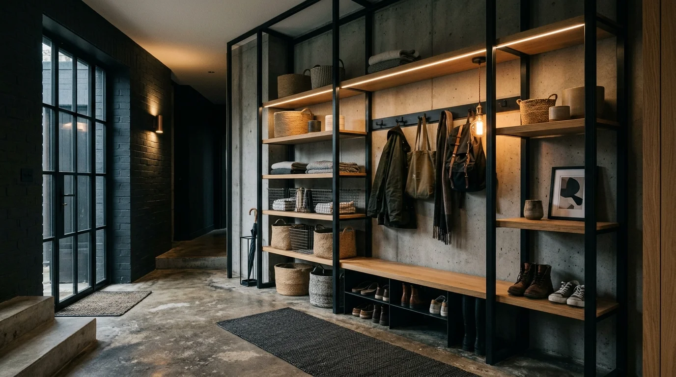 A modern industrial mudroom with black metal frames, concrete flooring, open shelving, and minimal decor, moody stylish lighting, no people