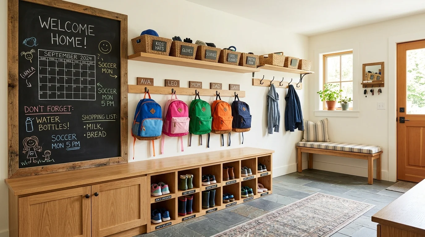 A family-friendly mudroom with chalkboard wall, labeled storage bins, backpacks neatly hung, and organized shoe cubbies, bright cheerful lighting, no people