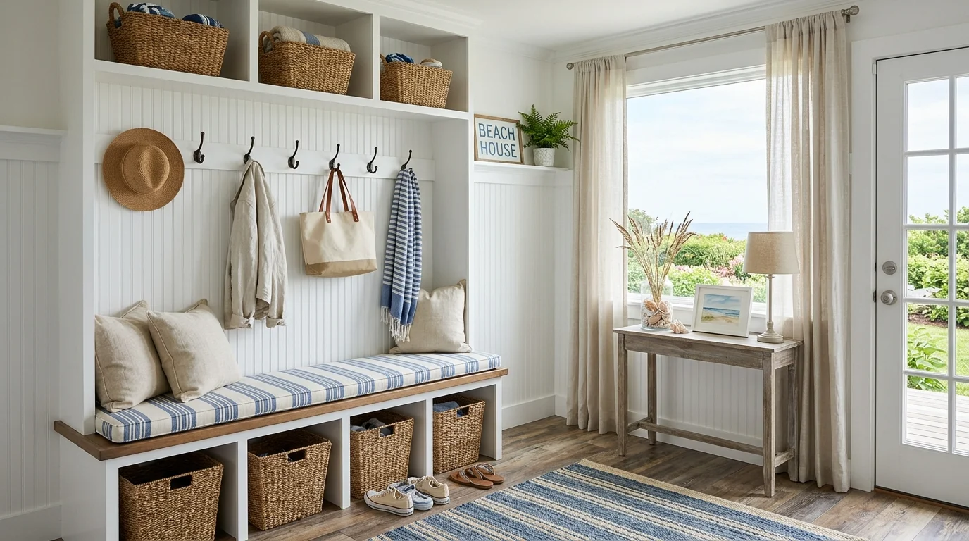 A coastal-inspired mudroom with white beadboard walls, blue accents, woven baskets, and light breezy decor, fresh natural lighting, relaxed atmosphere, no people