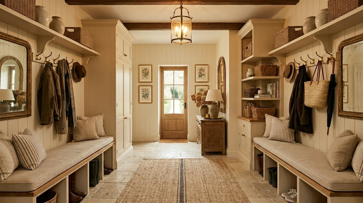 A luxury farmhouse mudroom with double built-in benches, symmetrical cabinetry, soft beige tones, and elegant decor accents, warm ambient lighting, no people