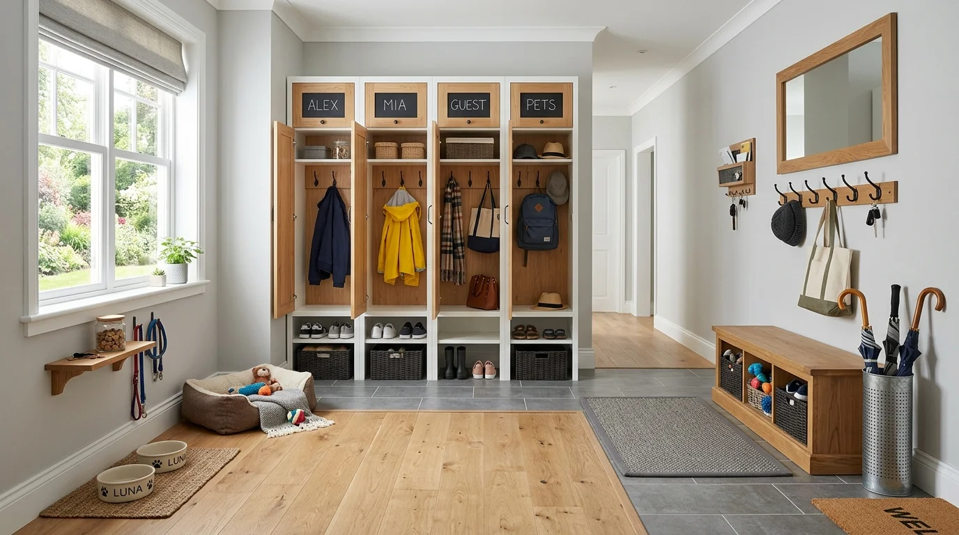 A highly organized mudroom with vertical lockers, umbrella stand, coat hooks, pet station corner, and clean entryway layout, bright daylight, functional modern design, no people