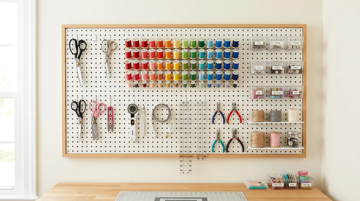 A wall with pegboard storage holding scissors threads and tools arranged neatly bright lighting efficient craft organization no people