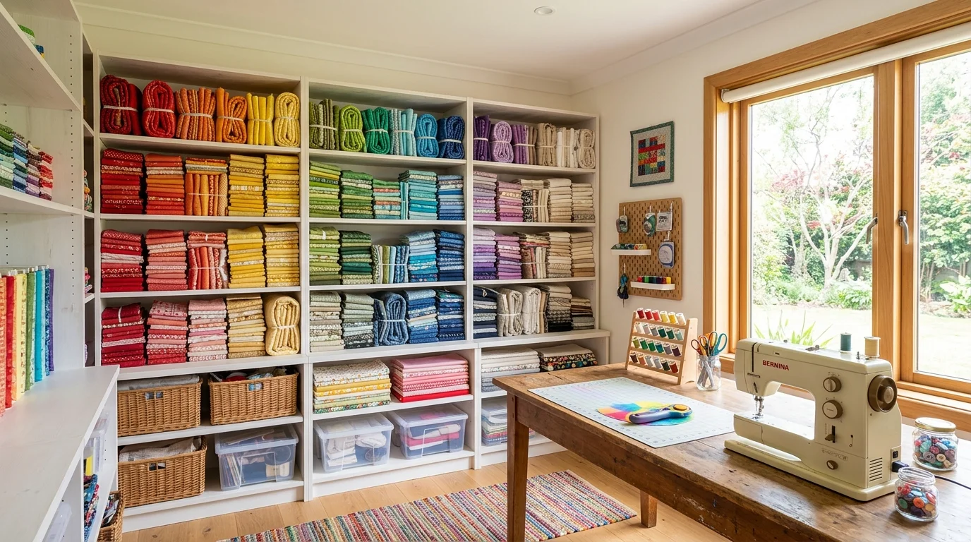 A sewing room with open shelves filled with color coordinated fabric bundles bright natural light visually pleasing setup no people