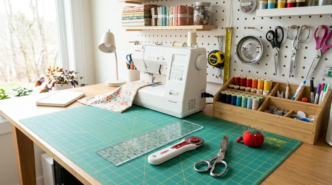 A workspace with a cutting mat ruler and neatly arranged sewing supplies bright lighting practical organized design no people