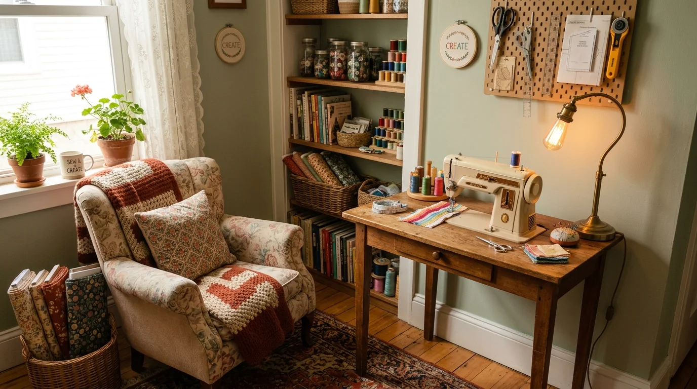 A sewing corner with a comfortable chair and a small table holding a sewing machine warm soft lighting cozy creative nook no people