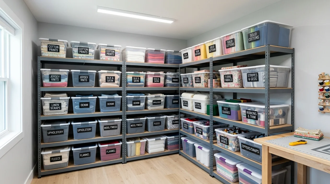 A room with labeled bins storing fabric scraps and materials arranged on shelves bright lighting tidy functional storage no people