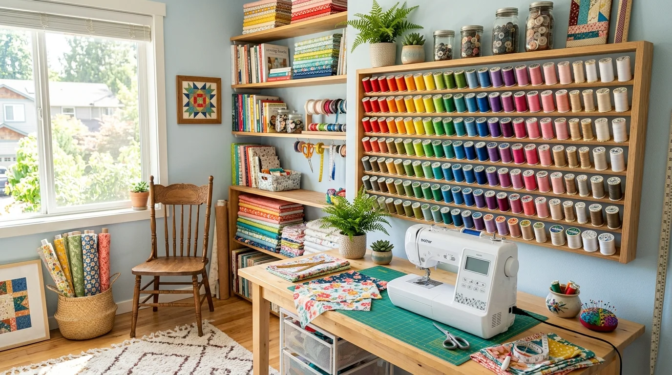 A sewing room with a thread rack displaying spools in color order bright natural daylight vibrant organized decor no people